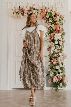 Final Touch Apparel THE DECLAN FLORAL MAXI DRESS IN DARK TAUPE NEW ARRIVALS