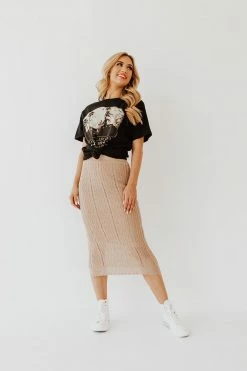 Hem & Thread NEW ARRIVALS THE TAHLIA CROCHET KNIT MIDI SKIRT IN TAUPE
