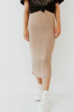 Hem & Thread NEW ARRIVALS THE TAHLIA CROCHET KNIT MIDI SKIRT IN TAUPE