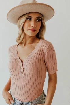 Hem & Thread THE BEXLEY RIB HENLEY SWEATER IN BLUSH NEW ARRIVALS