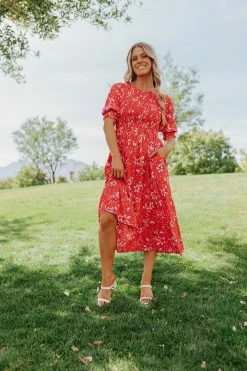 Polagram/Baevely THE REESE SMOCKED MIDI DRESS IN RED DRESSES