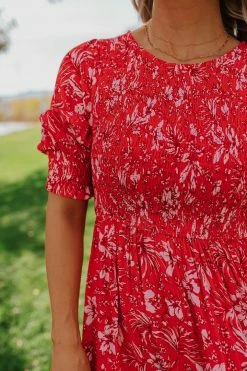 Polagram/Baevely THE REESE SMOCKED MIDI DRESS IN RED DRESSES