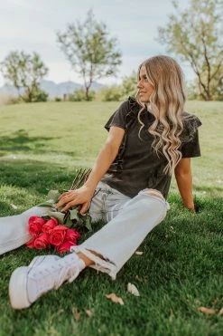 Promesa THE DUTTON RUFFLE T-SHIRT IN CHARCOAL TOPS