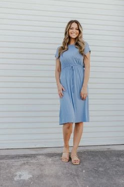 Lake Flower THE BENSON TIE WAIST DRESS IN BLUE NEW ARRIVALS