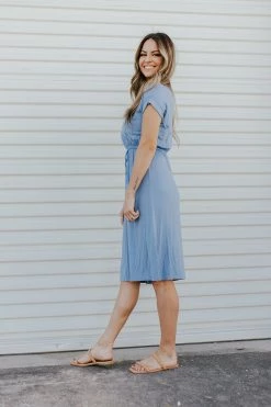 Lake Flower THE BENSON TIE WAIST DRESS IN BLUE NEW ARRIVALS