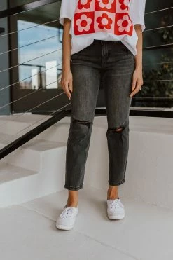 BOTTOMS THE TRINITY HIGH RISE STRAIGHT LEG JEANS IN WASHED BLACK BY FLYING MONKEY