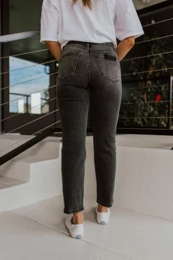 BOTTOMS THE TRINITY HIGH RISE STRAIGHT LEG JEANS IN WASHED BLACK BY FLYING MONKEY