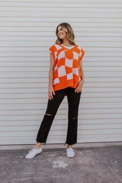 Hyfve Inc THE RETRO CHECKERED SWEATER VEST IN ORANGE NEW ARRIVALS