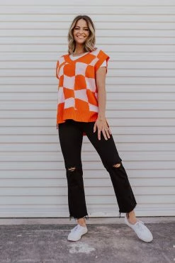 Hyfve Inc THE RETRO CHECKERED SWEATER VEST IN ORANGE NEW ARRIVALS