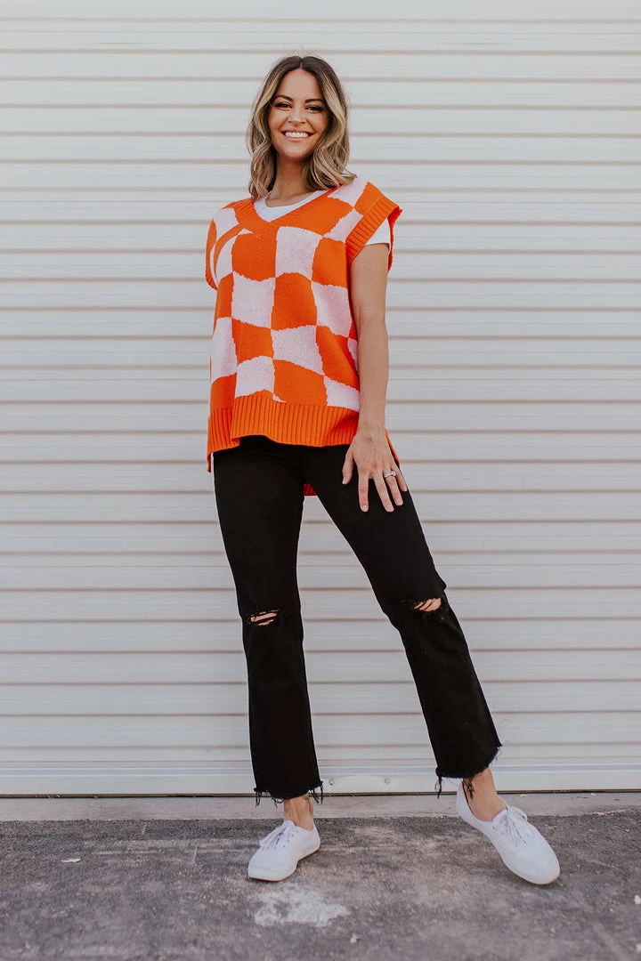 Hyfve Inc THE RETRO CHECKERED SWEATER VEST IN ORANGE NEW ARRIVALS 1 Hyfve Inc THE RETRO CHECKERED SWEATER VEST IN ORANGE NEW ARRIVALS