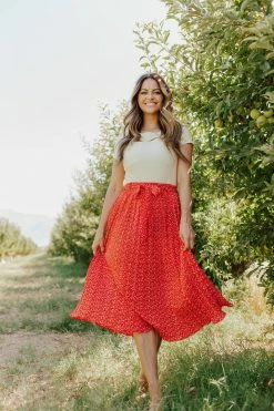 Sweet Rain THE ROSALEE PLEATED MIDI SKIRT IN RED NEW ARRIVALS