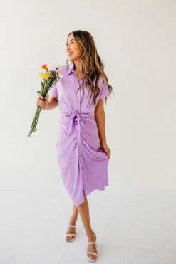 Mable NEW ARRIVALS THE JASMINE SATIN BUTTON DOWN DRESS IN PURPLE
