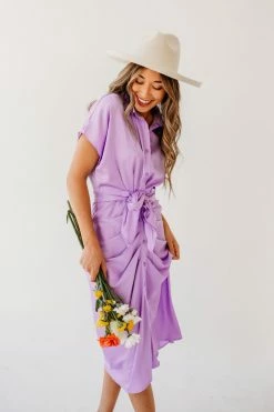 Mable NEW ARRIVALS THE JASMINE SATIN BUTTON DOWN DRESS IN PURPLE
