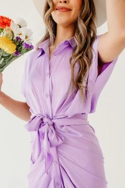 Mable NEW ARRIVALS THE JASMINE SATIN BUTTON DOWN DRESS IN PURPLE