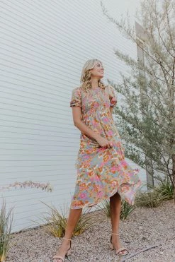 POLAGRAM THE MAEVE SMOCKED MIDI DRESS IN MULTI