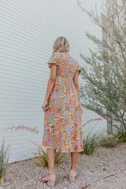 POLAGRAM THE MAEVE SMOCKED MIDI DRESS IN MULTI