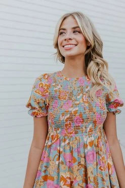 POLAGRAM THE MAEVE SMOCKED MIDI DRESS IN MULTI