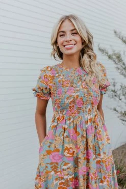 POLAGRAM THE MAEVE SMOCKED MIDI DRESS IN MULTI