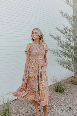 POLAGRAM THE MAEVE SMOCKED MIDI DRESS IN MULTI