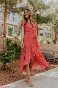 PinchMe THE ROSALYN FLORAL WRAP DRESS IN RED