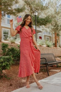 PinchMe THE ROSALYN FLORAL WRAP DRESS IN RED
