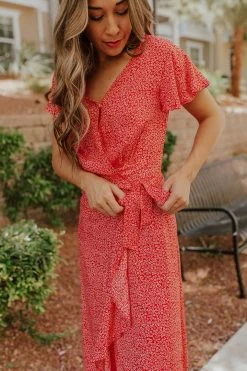 PinchMe THE ROSALYN FLORAL WRAP DRESS IN RED