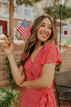 PinchMe THE ROSALYN FLORAL WRAP DRESS IN RED