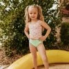 PINK DESERT GIRLS MINI RUFFLE PEPLUM SWIMSUIT SET IN BUBBLEGUM BANANA AND NEON MINT