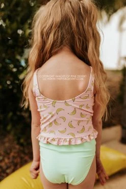 PINK DESERT GIRLS MINI RUFFLE PEPLUM SWIMSUIT SET IN BUBBLEGUM BANANA AND NEON MINT
