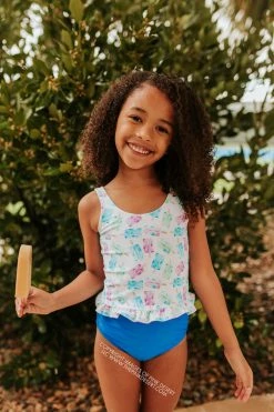 PINK DESERT GIRLS MINI RUFFLE PEPLUM SWIMSUIT SET IN POPSICLE AND ROYAL BLUE