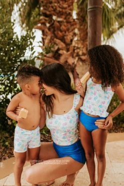 PINK DESERT GIRLS MINI RUFFLE PEPLUM SWIMSUIT SET IN POPSICLE AND ROYAL BLUE