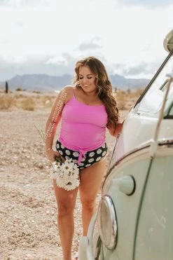 PINK DESERT TIE FRONT BLOUSON TANKINI SWIM TOP IN NEON LILAC