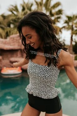 PINK DESERT MINI RUFFLE CROP PEPLUM SWIM TOP IN SNOW LEOPARD