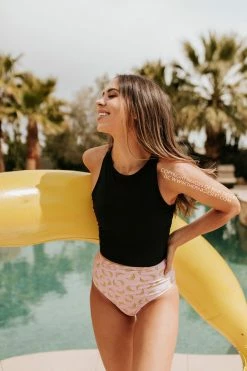 PINK DESERT HIGH NECK RACERBACK ZIPPER MIDKINI SWIM TOP IN BLACK