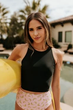 PINK DESERT HIGH NECK RACERBACK ZIPPER MIDKINI SWIM TOP IN BLACK