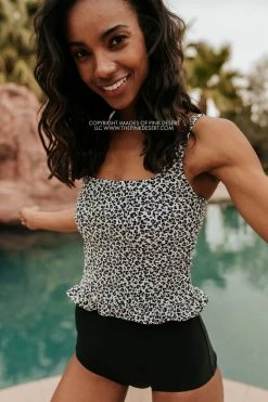 PINK DESERT MINI RUFFLE CROP PEPLUM SWIM TOP IN SNOW LEOPARD