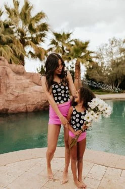 PINK DESERT GIRLS MINI RUFFLE PEPLUM SWIMSUIT SET IN LA LA DAISY AND NEON LILAC