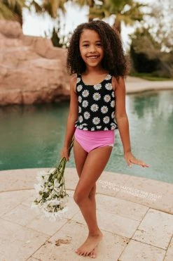 PINK DESERT GIRLS MINI RUFFLE PEPLUM SWIMSUIT SET IN LA LA DAISY AND NEON LILAC