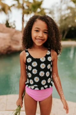 PINK DESERT GIRLS MINI RUFFLE PEPLUM SWIMSUIT SET IN LA LA DAISY AND NEON LILAC