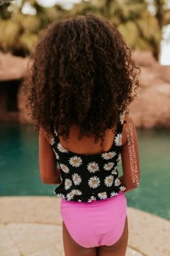PINK DESERT GIRLS MINI RUFFLE PEPLUM SWIMSUIT SET IN LA LA DAISY AND NEON LILAC