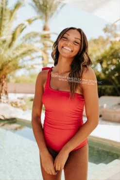 PINK DESERT RUCHED ONE SHOULDER ONE PIECE SWIMSUIT IN CHERRY RED