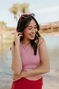 PINK DESERT HIGH NECK RACERBACK ZIPPER MIDKINI SWIM TOP IN SUMMER GINGHAM
