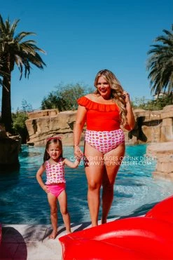 SASSY RED LIPSTICK X PINK DESERT GIRLS MINI RUFFLE PEPLUM SWIMSUIT SET IN SASSY LIPS AND VEGAS PINK
