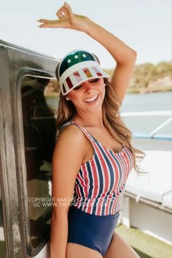 PINK DESERT BUTTON FRONT MIDKINI SWIM TOP IN AMERICANA STRIPE