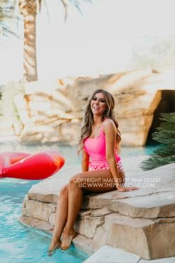 SASSY RED LIPSTICK X PINK DESERT MINI RUFFLE CROP PEPLUM SWIM TOP IN VEGAS PINK