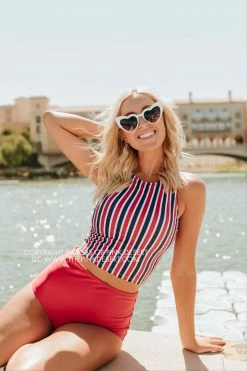 PINK DESERT HIGH NECK RACERBACK ZIPPER MIDKINI SWIM TOP IN AMERICANA STRIPE