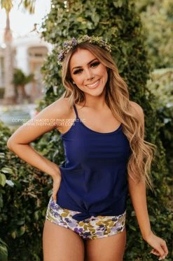 PINK DESERT TIE FRONT BLOUSON TANKINI SWIM TOP IN INDIGO