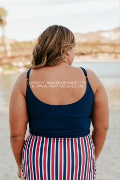 PINK DESERT TIE FRONT BLOUSON TANKINI SWIM TOP IN INDIGO