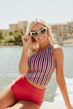 PINK DESERT HIGH NECK RACERBACK ZIPPER MIDKINI SWIM TOP IN AMERICANA STRIPE