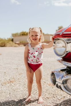 PINK DESERT GIRLS MINI RUFFLE PEPLUM SWIMSUIT SET IN CHERRY BOMB AND CHERRY RED